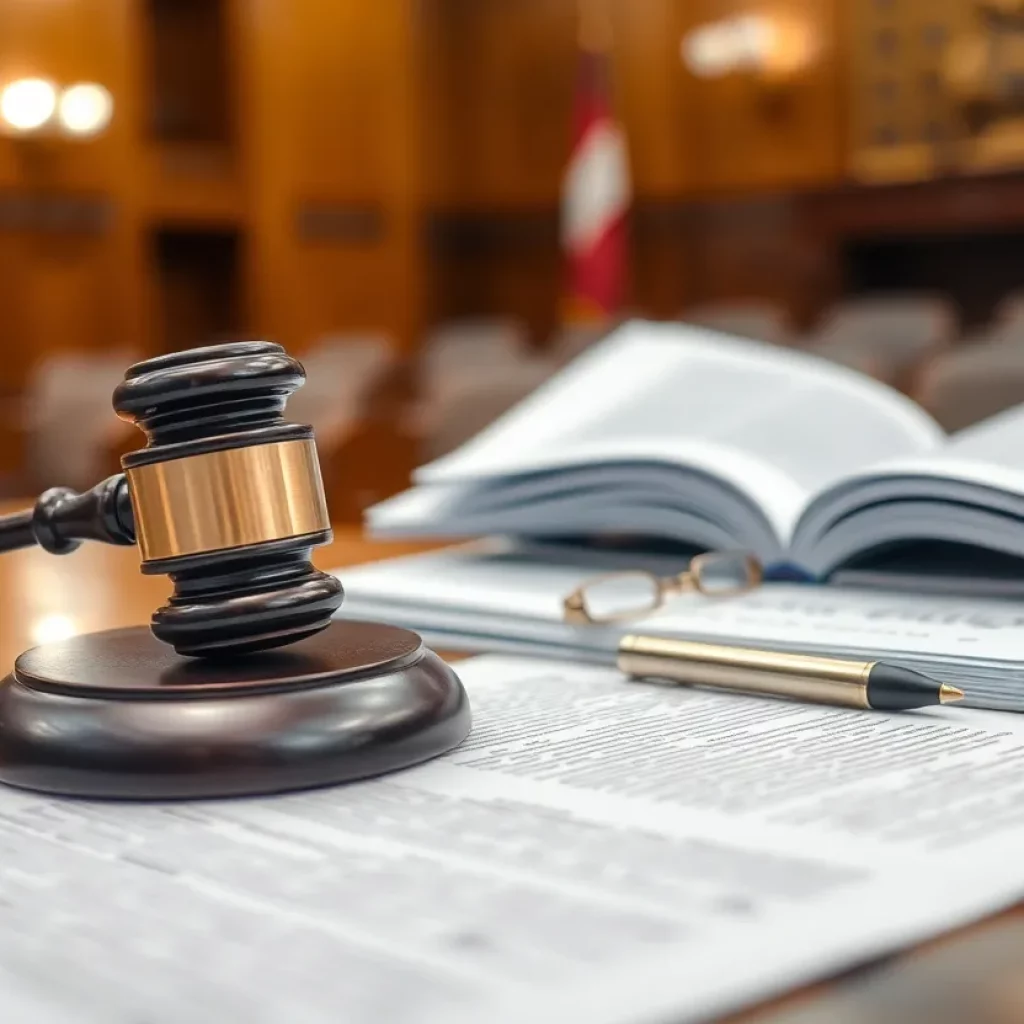 Courtroom scene highlighting legal documents and a gavel.