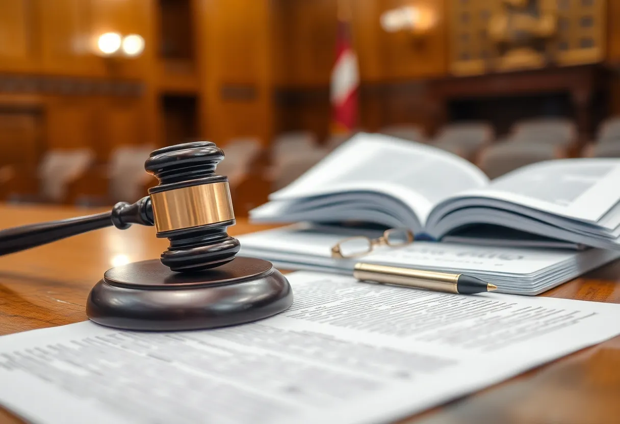 Courtroom scene highlighting legal documents and a gavel.
