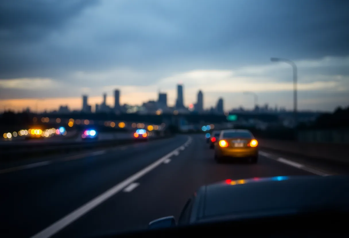 A somber scene depicting a highway with police lights, reflecting on the issue of gun violence.