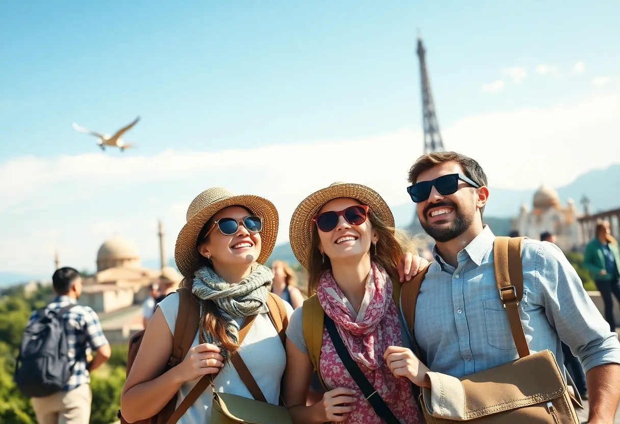 Travelers enjoying their journey at various destinations.
