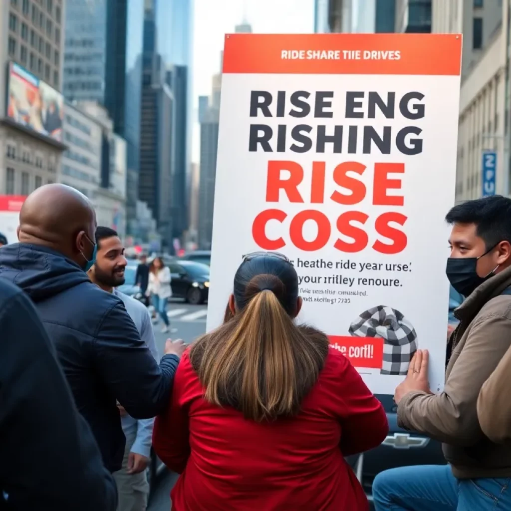Uber drivers discussing rising ride costs in front of an advertisement.