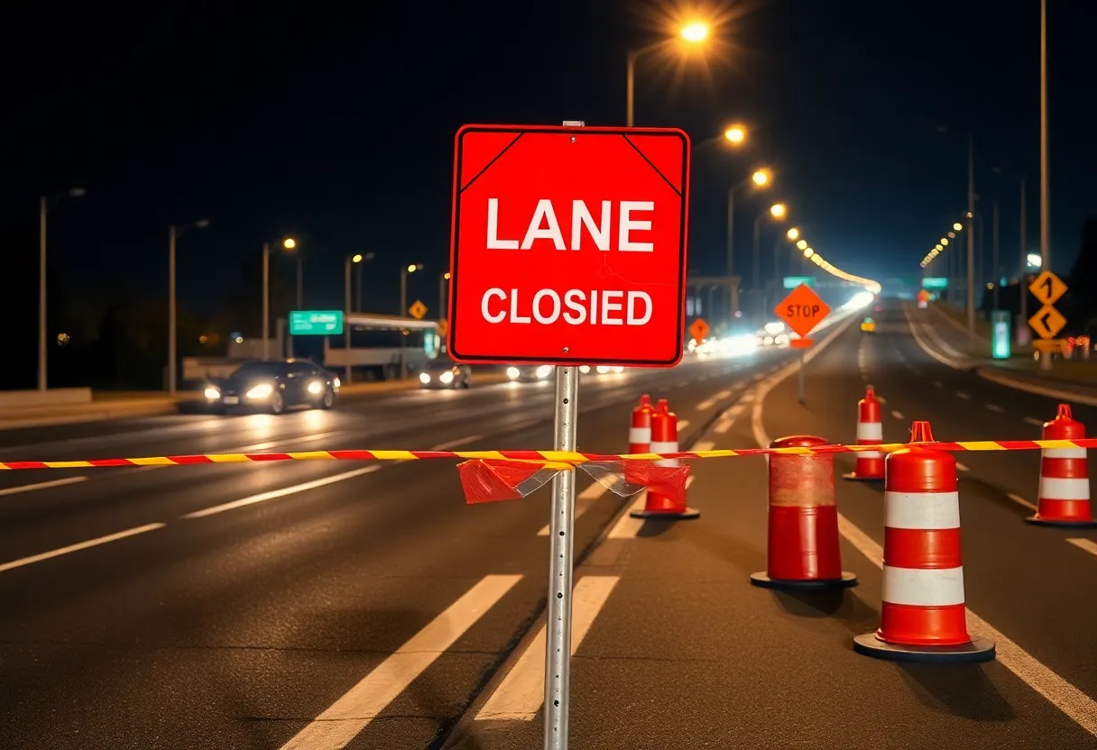 Construction zone with lane closures on US 17 at night