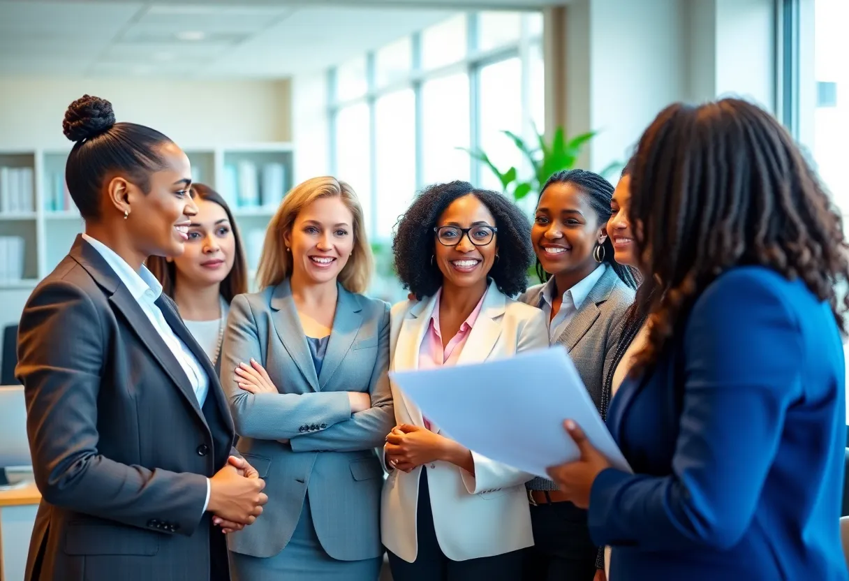 A group of lawyers in a meeting room discussing legal strategies.