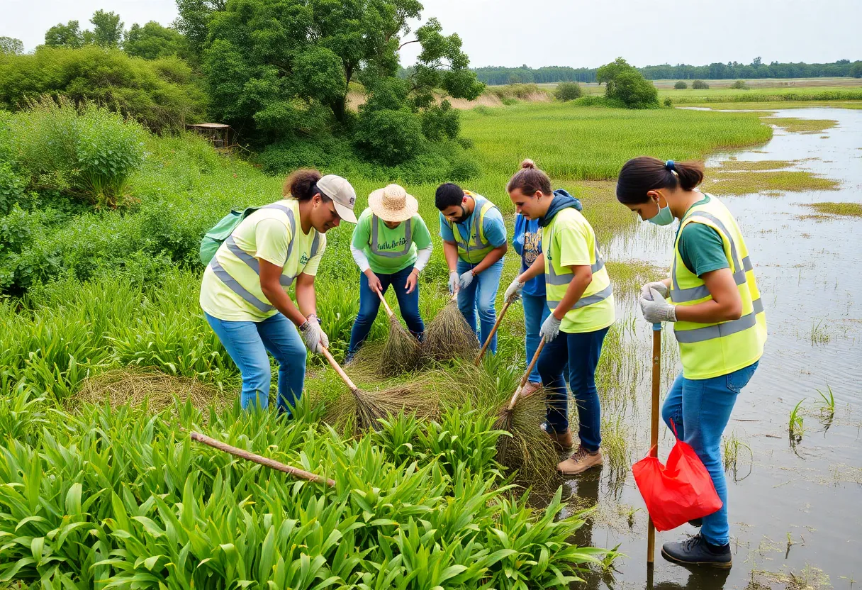 Volunteers participating in a tidal marsh clean-up event in Charleston.