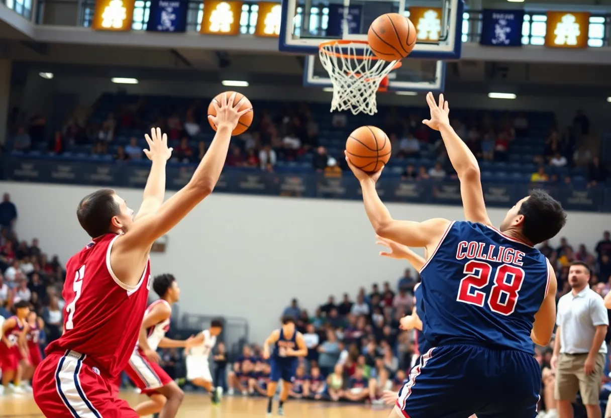 Players from William & Mary and Charleston in action during a basketball game.
