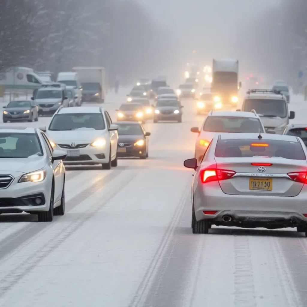 Snowy street with vehicles facing difficulties due to winter weather