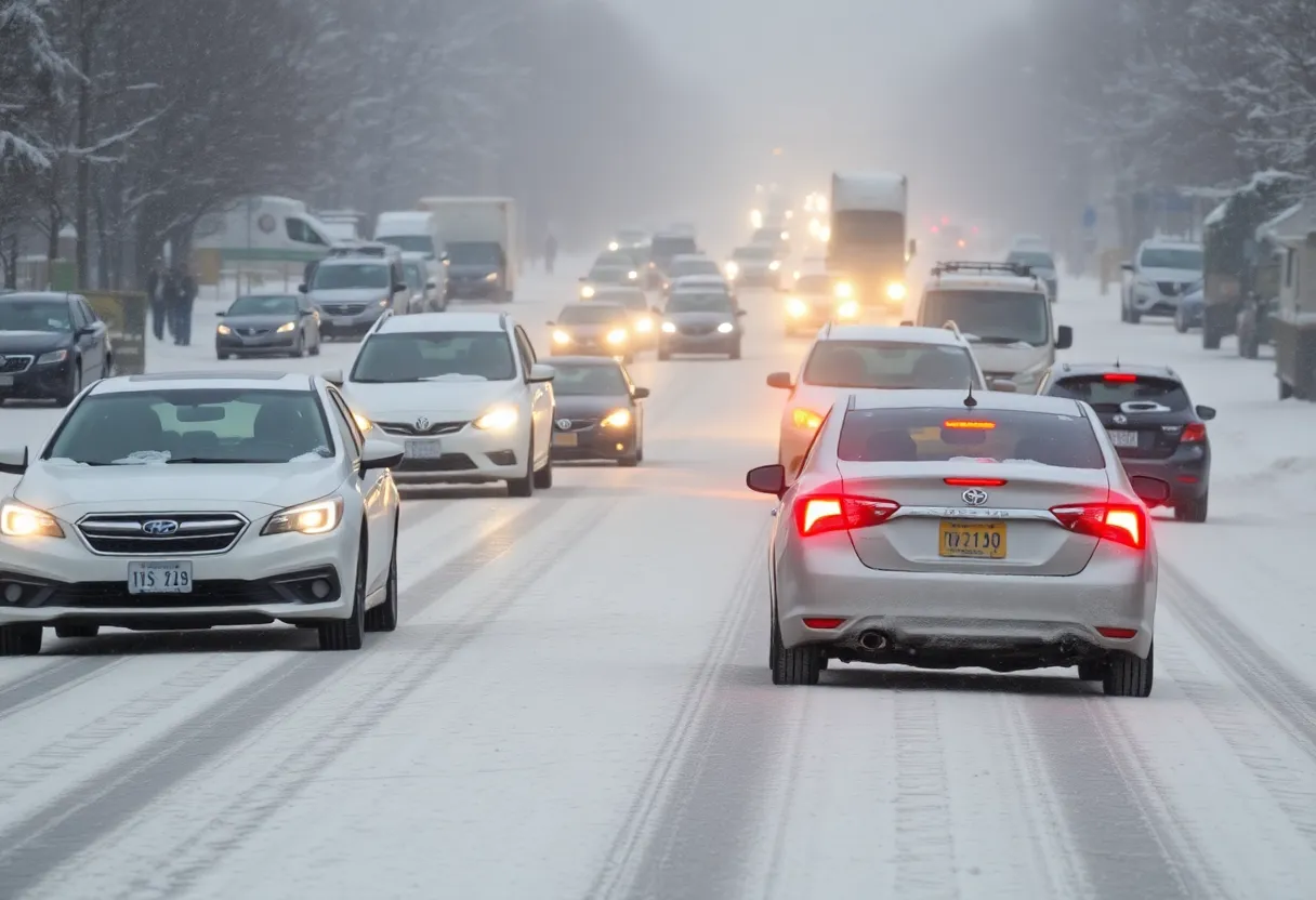 Snowy street with vehicles facing difficulties due to winter weather