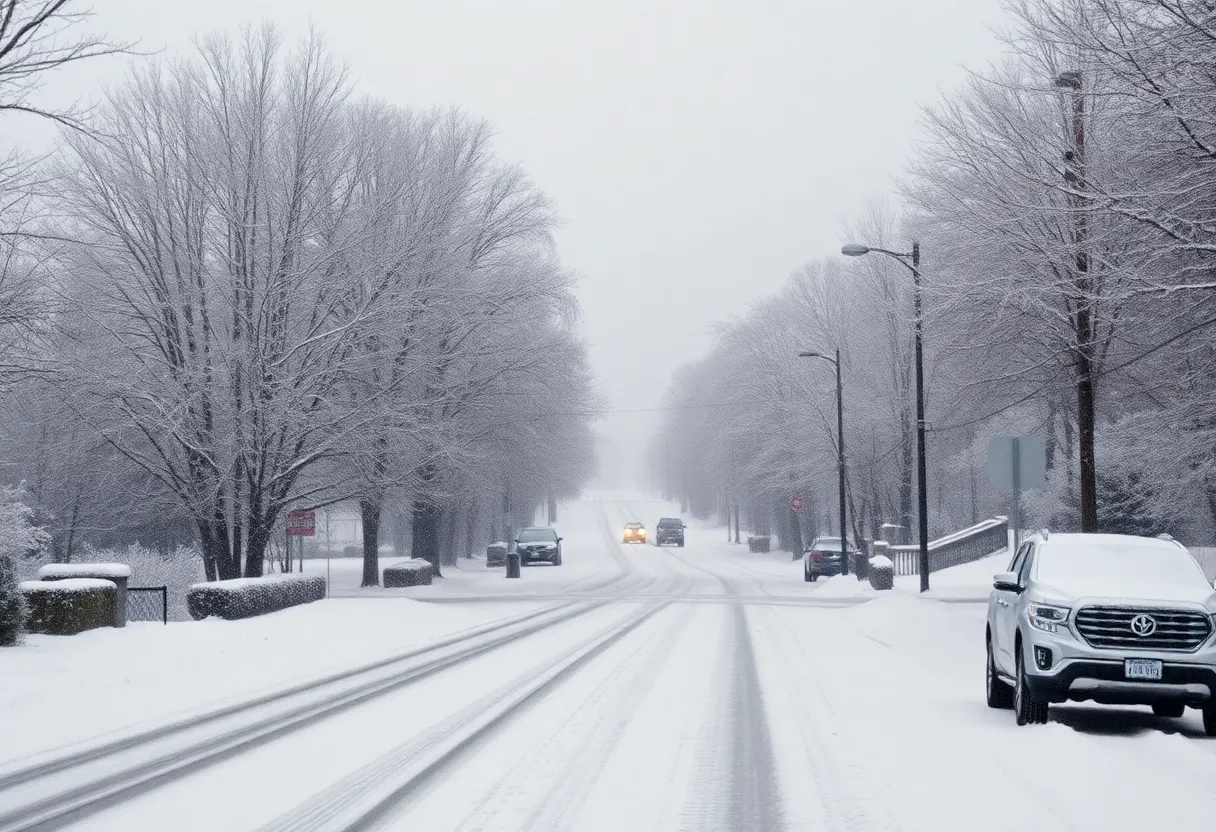Snow-covered street in West Virginia during a winter storm