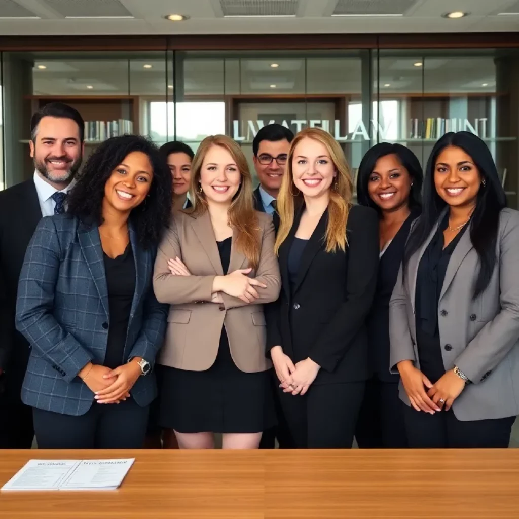 A group of diverse attorneys celebrating recognition in a law firm.