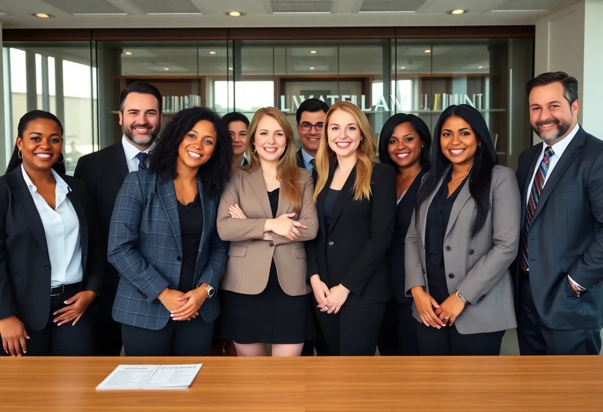 A group of diverse attorneys celebrating recognition in a law firm.