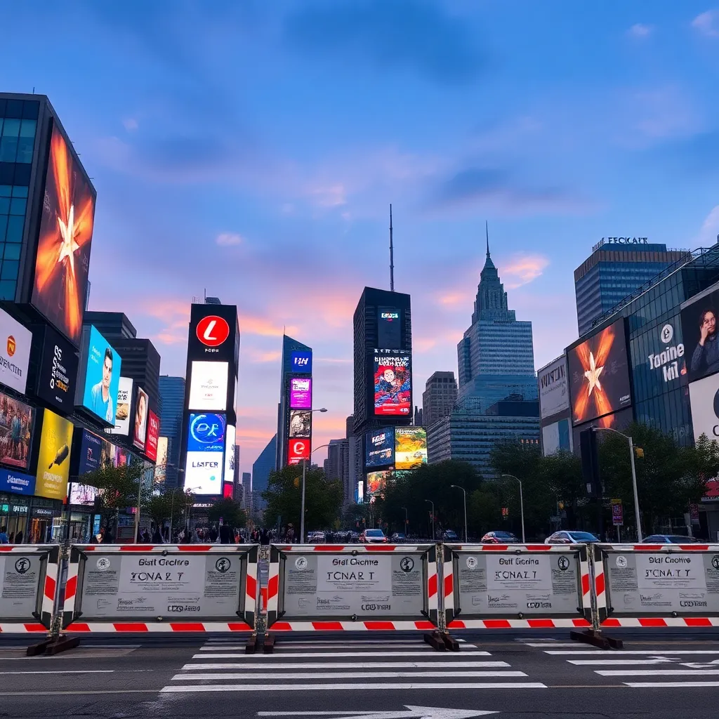 Urban skyline with digital ads blocked by barriers.