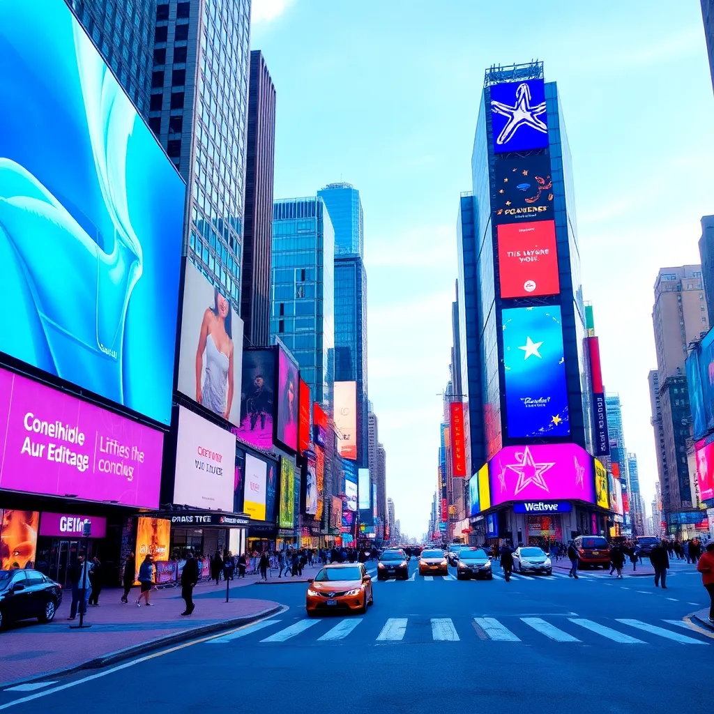 A vibrant cityscape with digital ads on buildings.