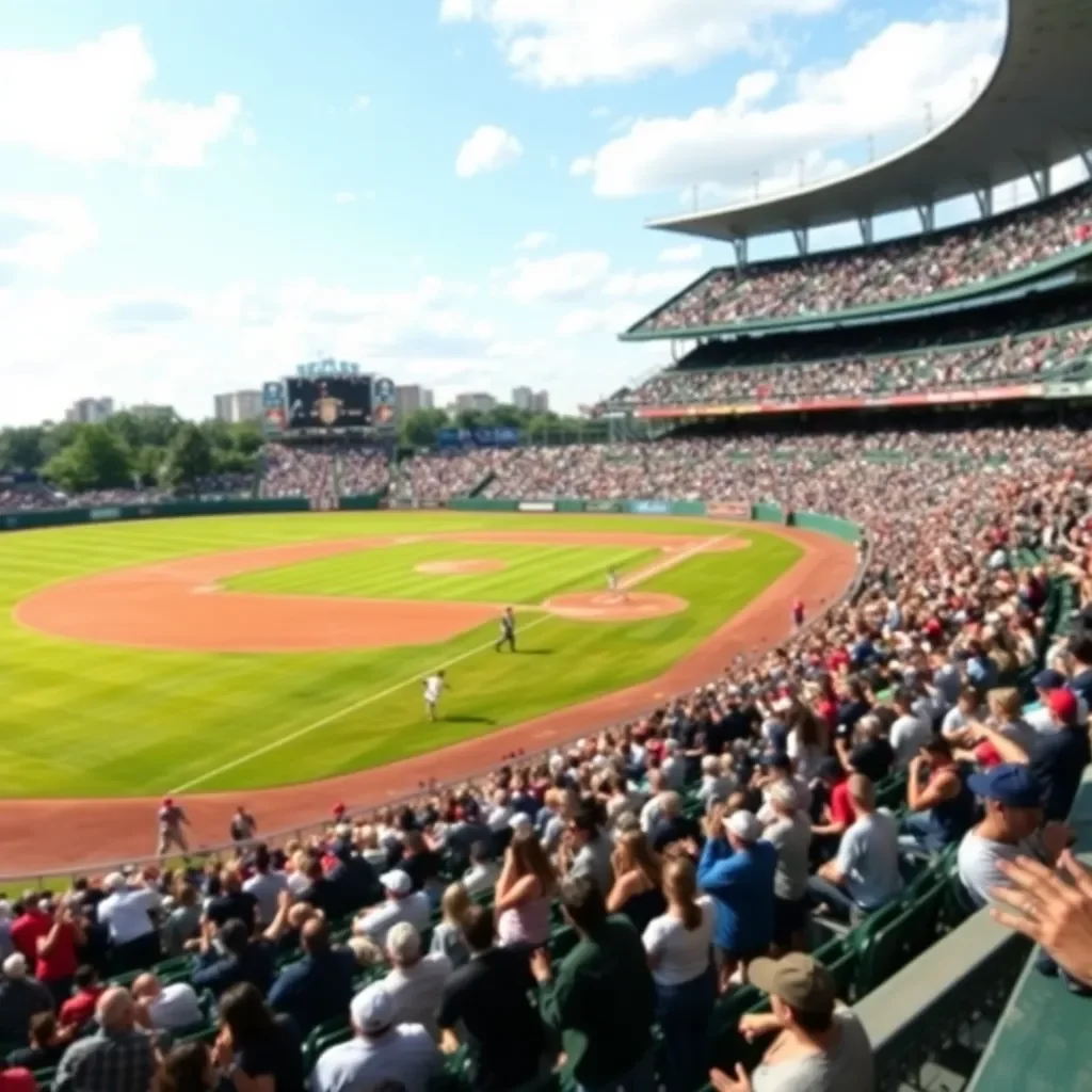 Baseball field with dynamic action and cheering crowd.