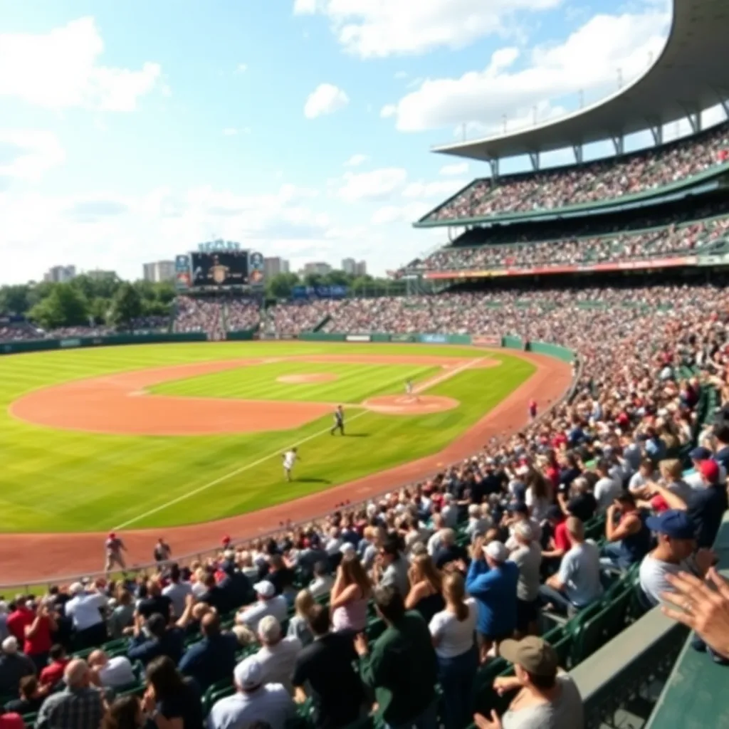 Baseball field with dynamic action and cheering crowd.