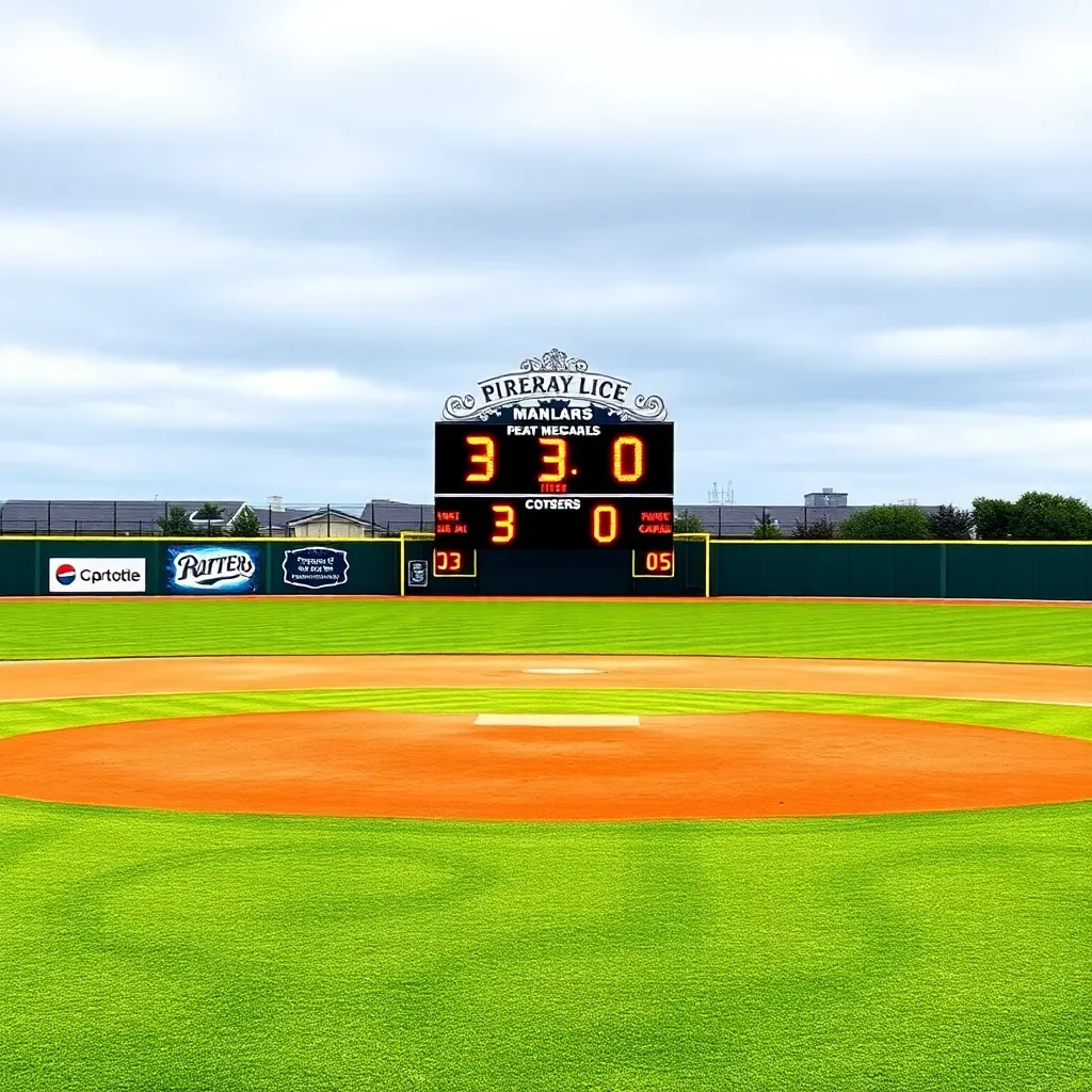 Baseball field with scoreboard showing 3-0 victory.
