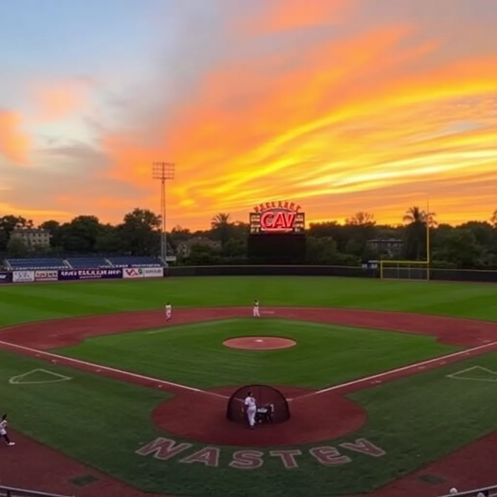 Baseball diamond at sunset with players in action.
