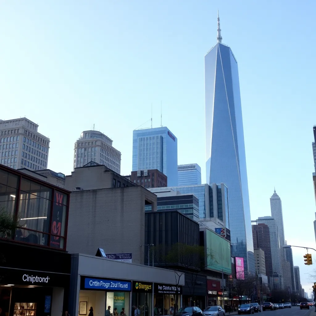 City skyline with digital ads contrasting local shops below.