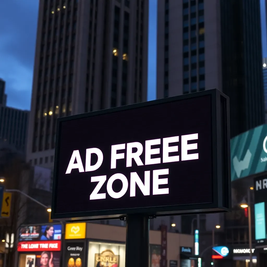 Digital billboard displaying "Ad-Free Zone" sign in cityscape.