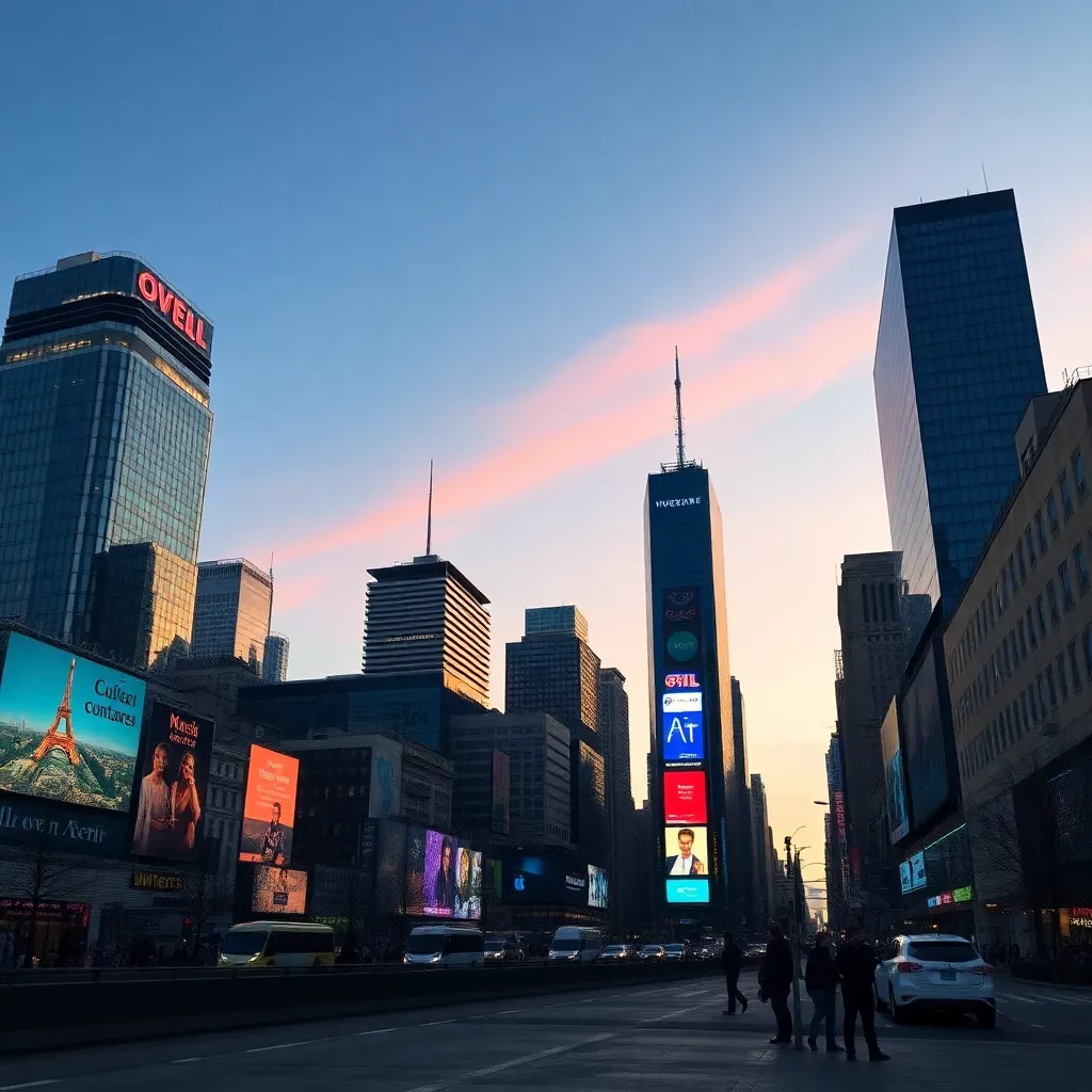 City skyline with digital ads peacefully blending in.