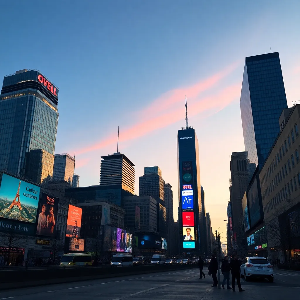 City skyline with digital ads peacefully blending in.