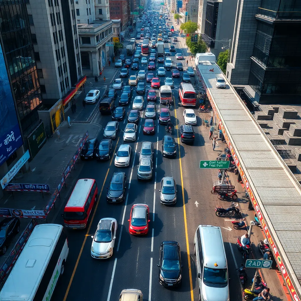 Aerial view of bustling downtown traffic with congestion signs.