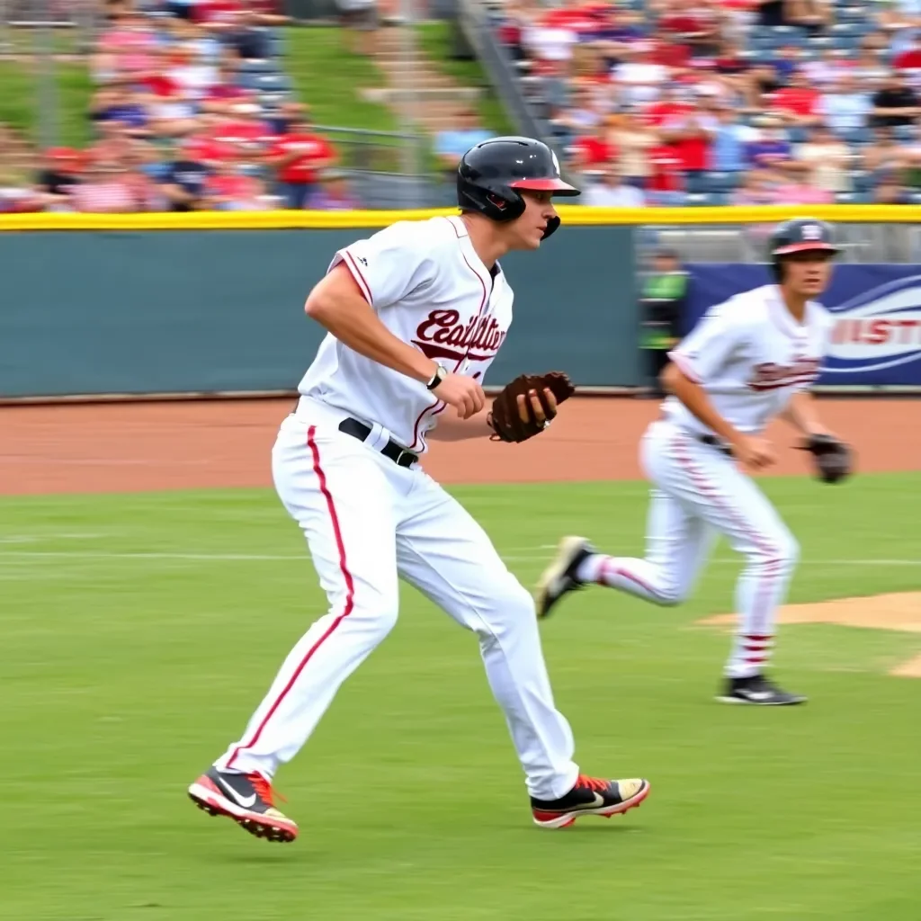 Dynamic baseball action with players in motion on field.