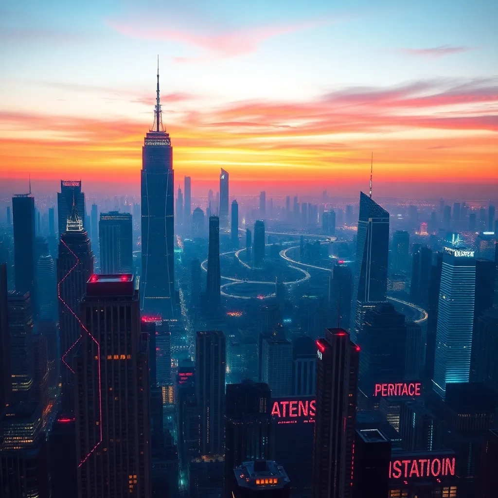 Futuristic city skyline with digital barriers and coding elements.