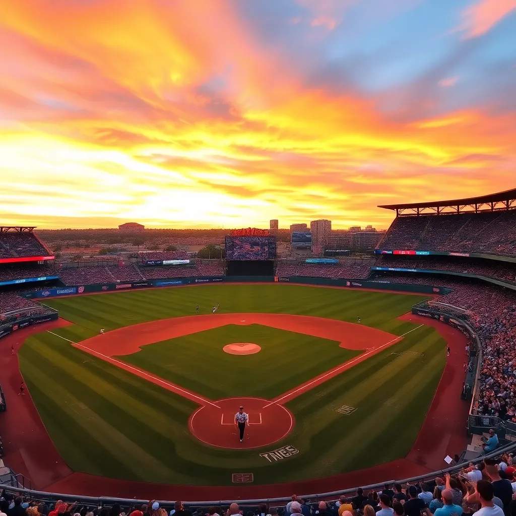 Baseball diamond with vibrant sunset and cheering crowd.