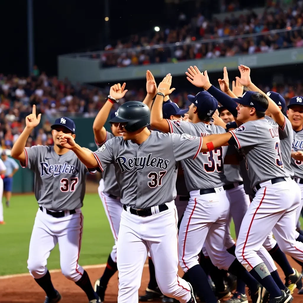 Dynamic baseball action with team celebration and victory backdrop.