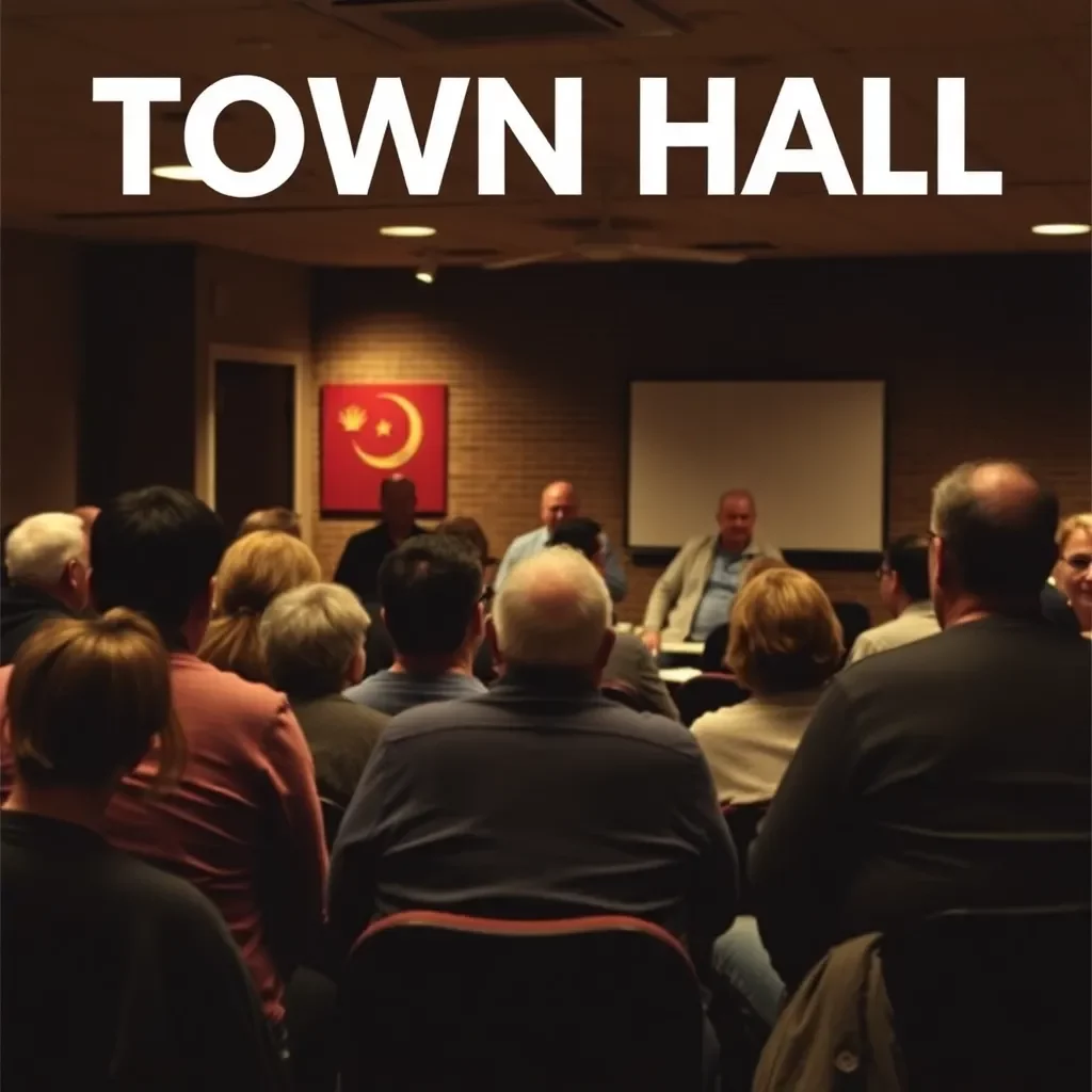Community gathering discussing local issues in a town hall.