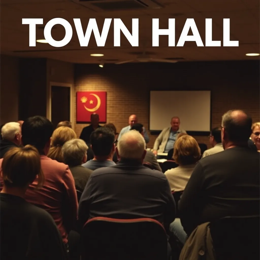 Community gathering discussing local issues in a town hall.