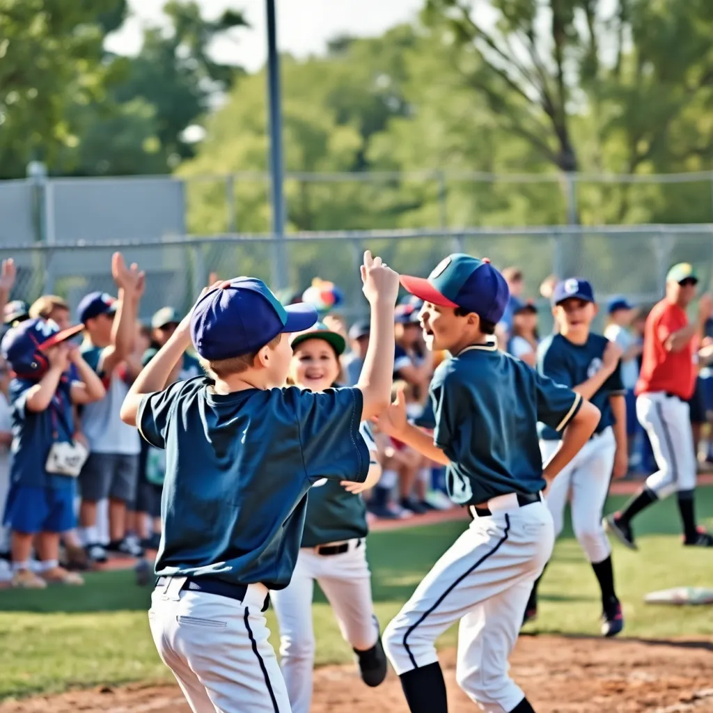 Exciting youth baseball game with cheering fans and teamwork.