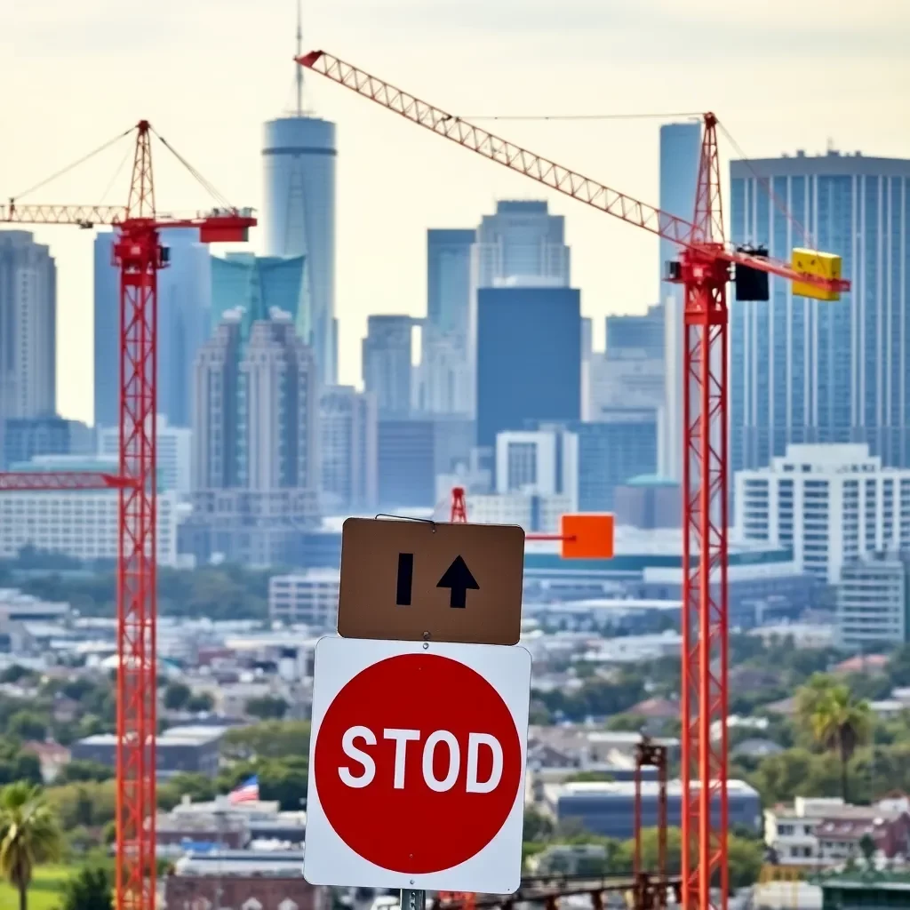 Construction signs and cranes against a city skyline.