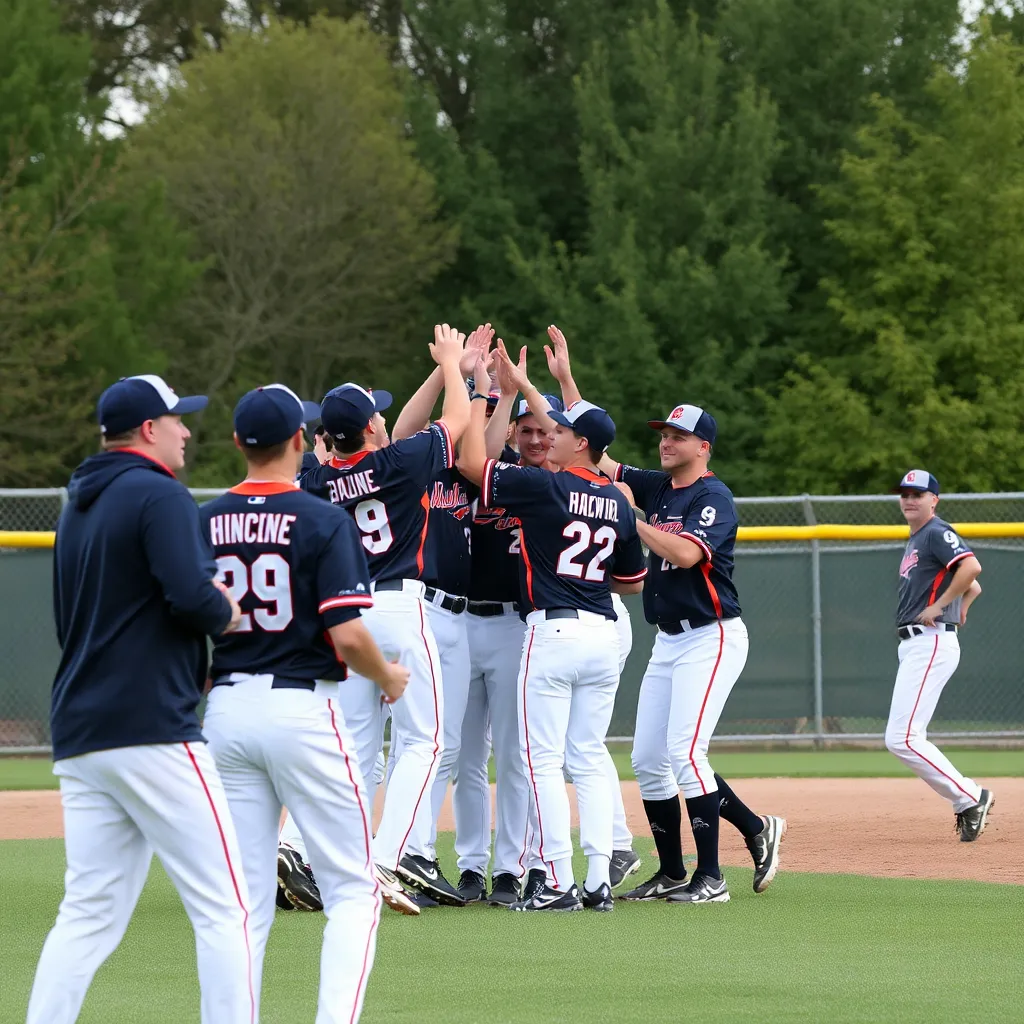 Baseball team celebrating victory on the field.
