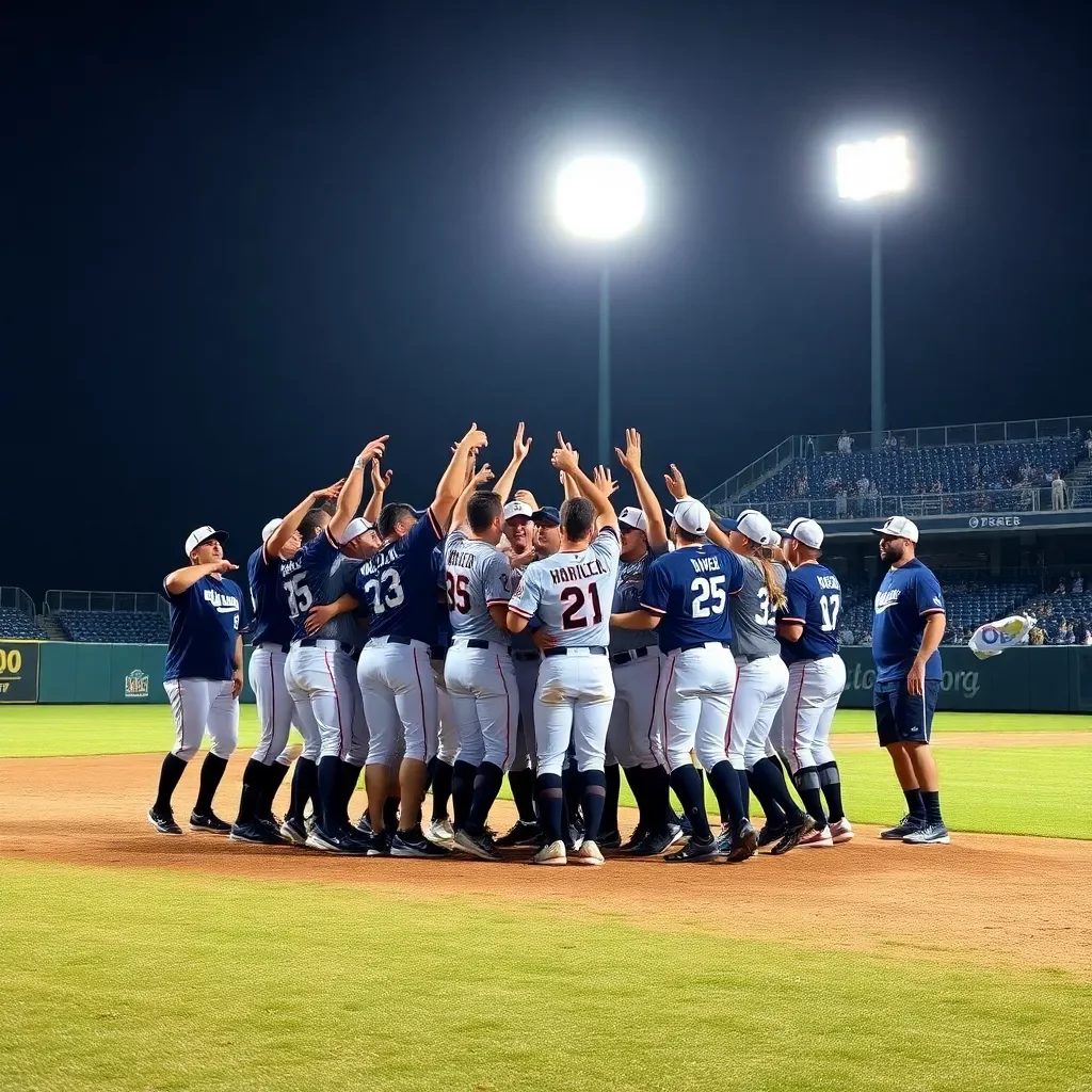 Baseball team celebrating victory under bright stadium lights.