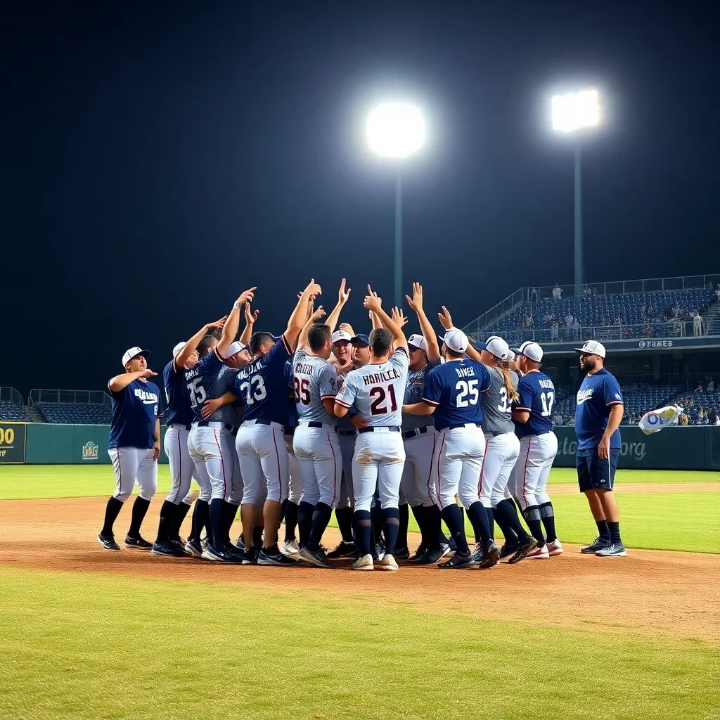 Baseball team celebrating victory under bright stadium lights.