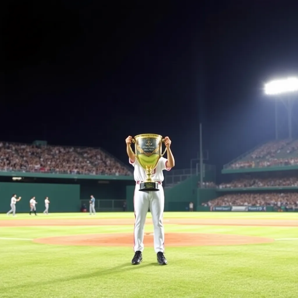 Baseball field with cheering crowd and trophy celebration