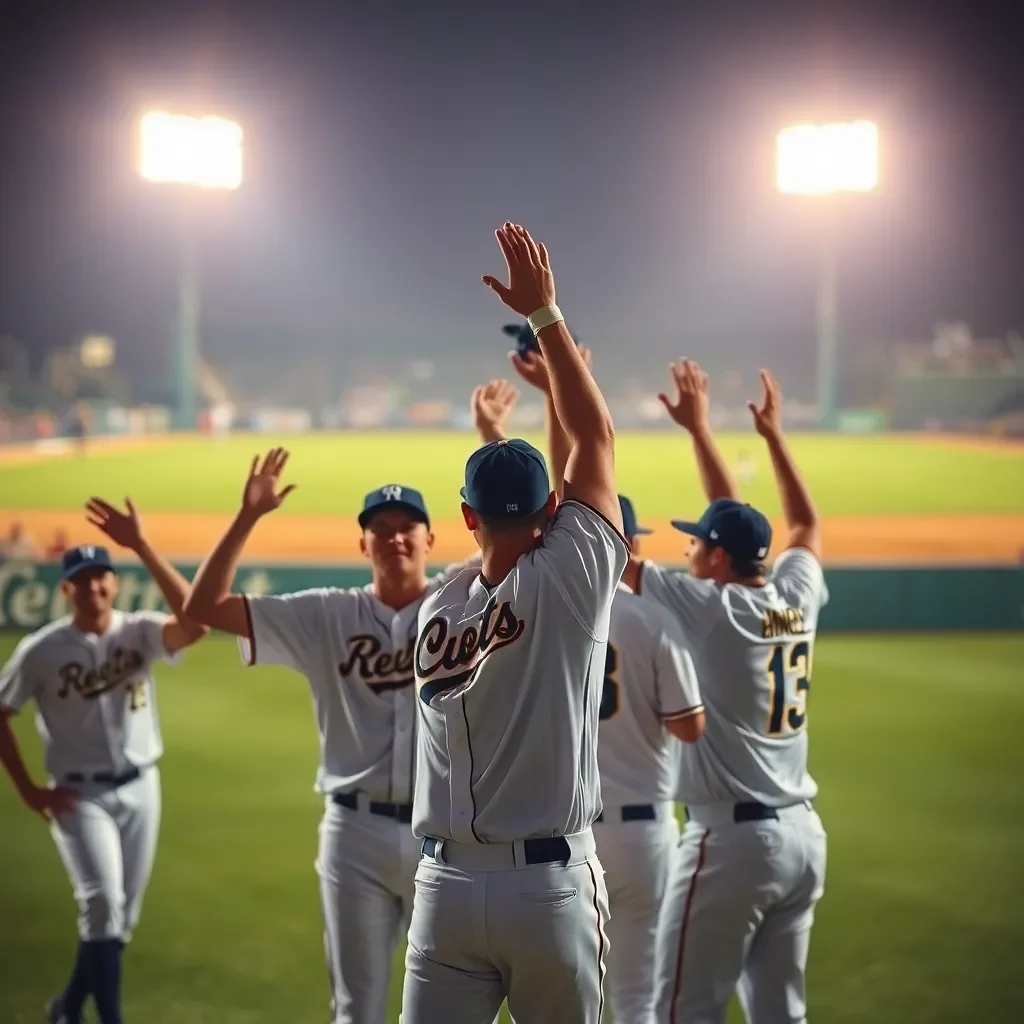 Baseball players celebrating victory under stadium lights.