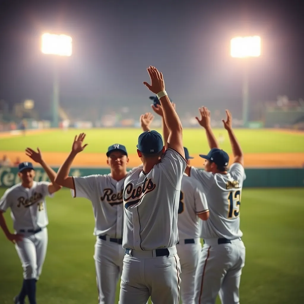 Baseball players celebrating victory under stadium lights.