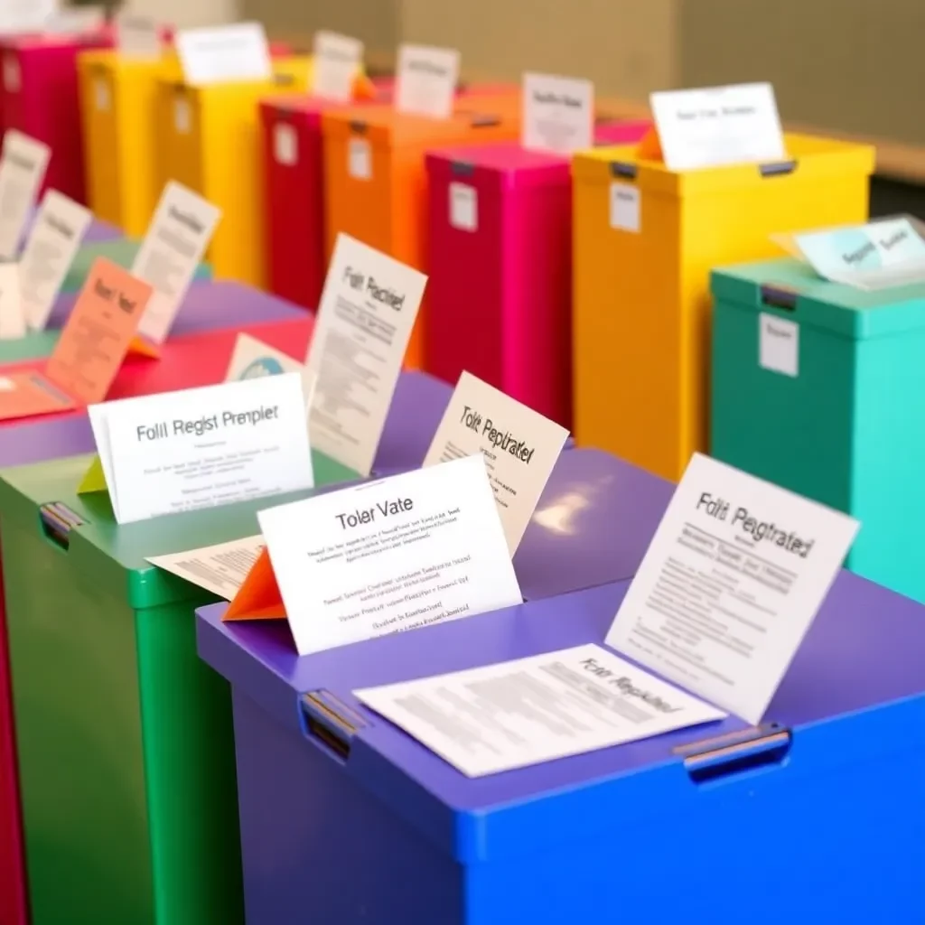Colorful ballot boxes with diverse voter registration materials.