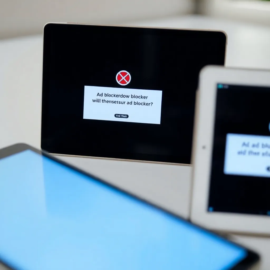 Digital devices displaying ad blocker prompts on screens.
