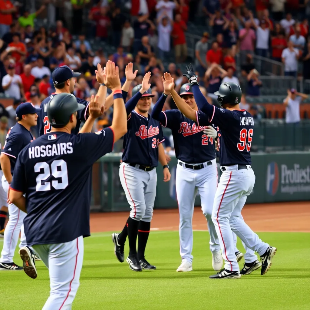 Baseball field celebration with players high-fiving each other.