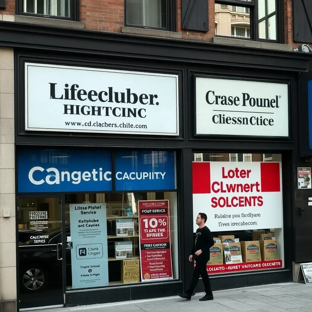 Urban storefronts adapting with signage reflecting new services.