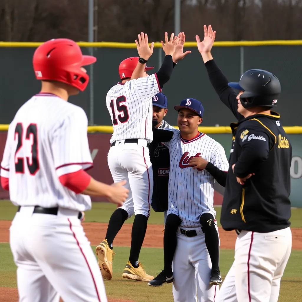 Baseball teamwork celebrating a hard-fought victory on field.