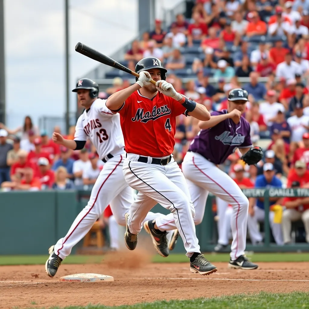 Dynamic baseball action with players in mid-game excitement.