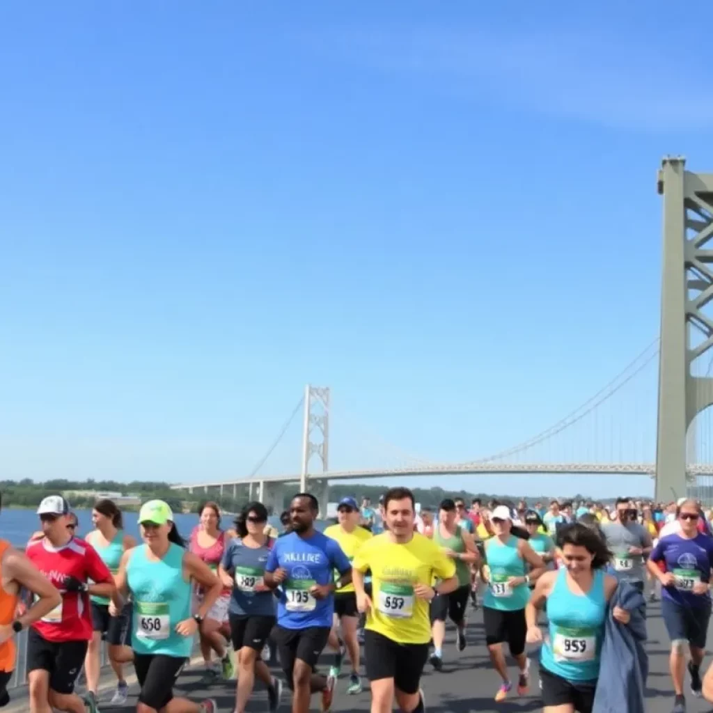 Runners participating in the 2025 Cooper River Bridge Run crossing the bridge