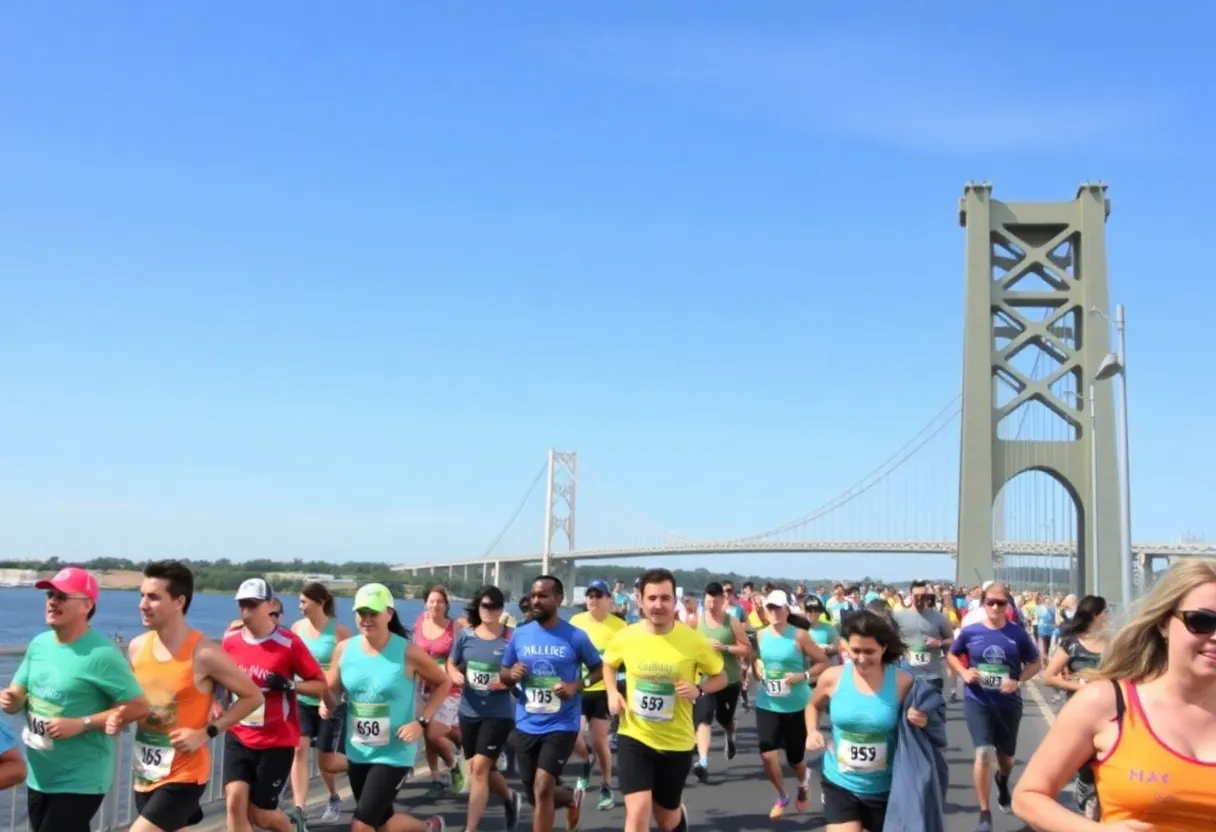 Runners participating in the 2025 Cooper River Bridge Run crossing the bridge