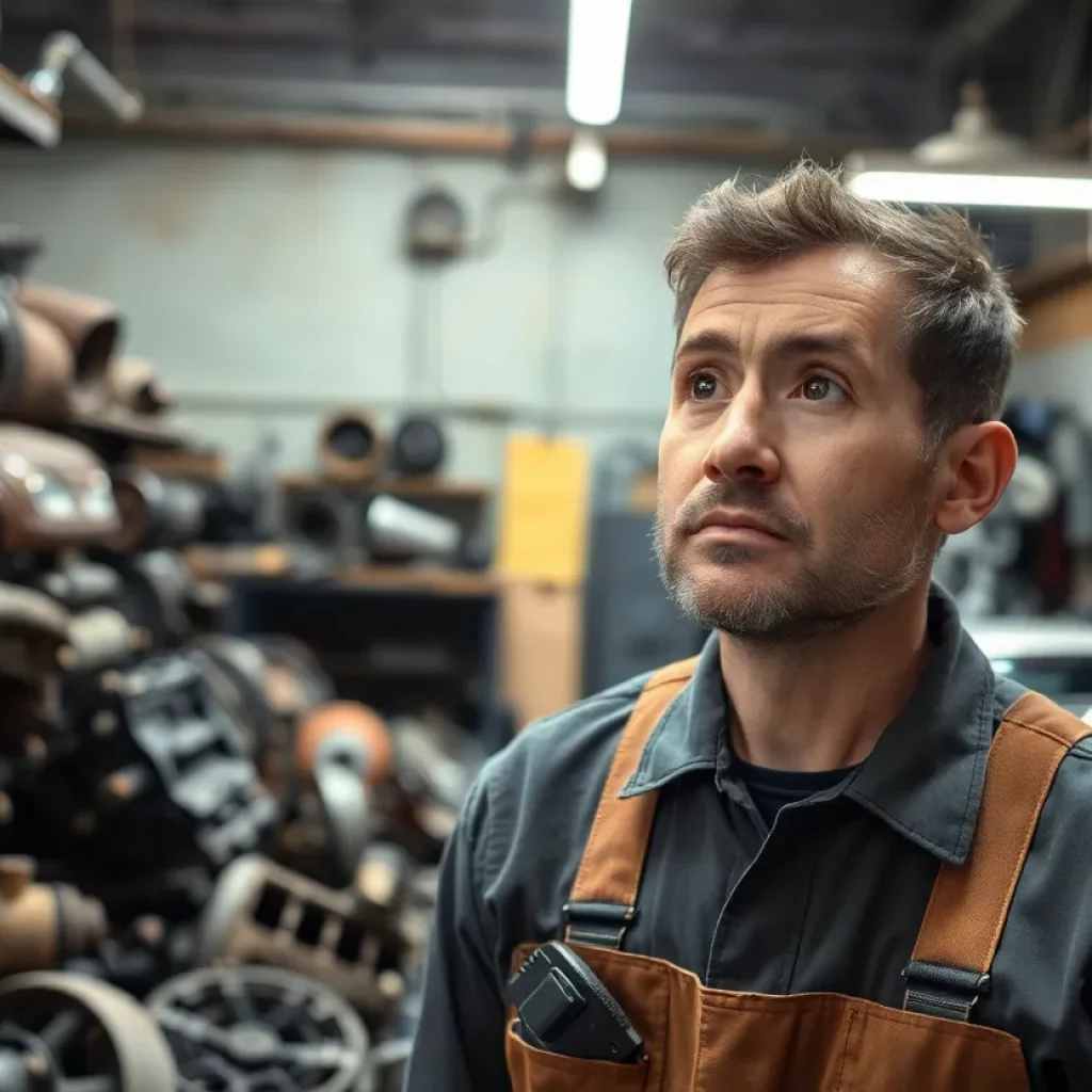 Mechanic working in an auto shop with old equipment containing asbestos.