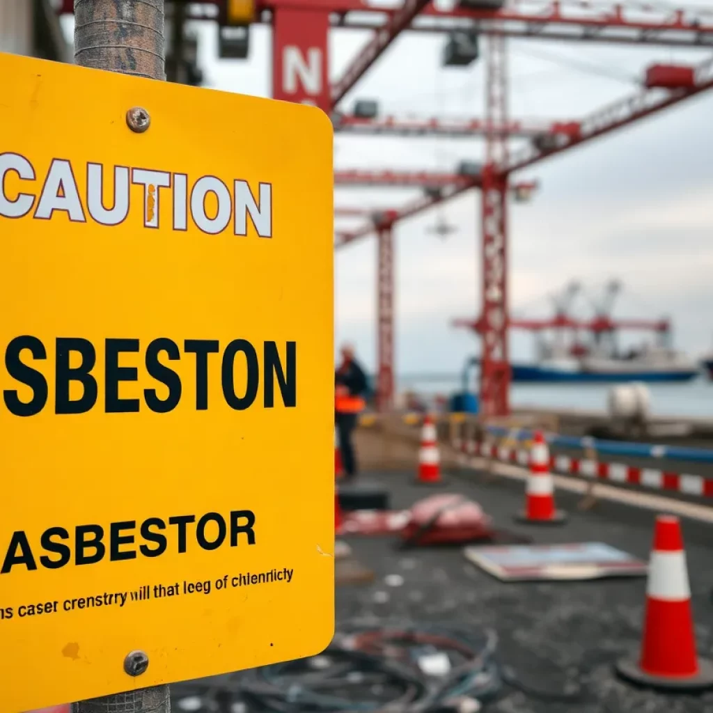 Caution sign about asbestos safety at a construction site in Louisiana.