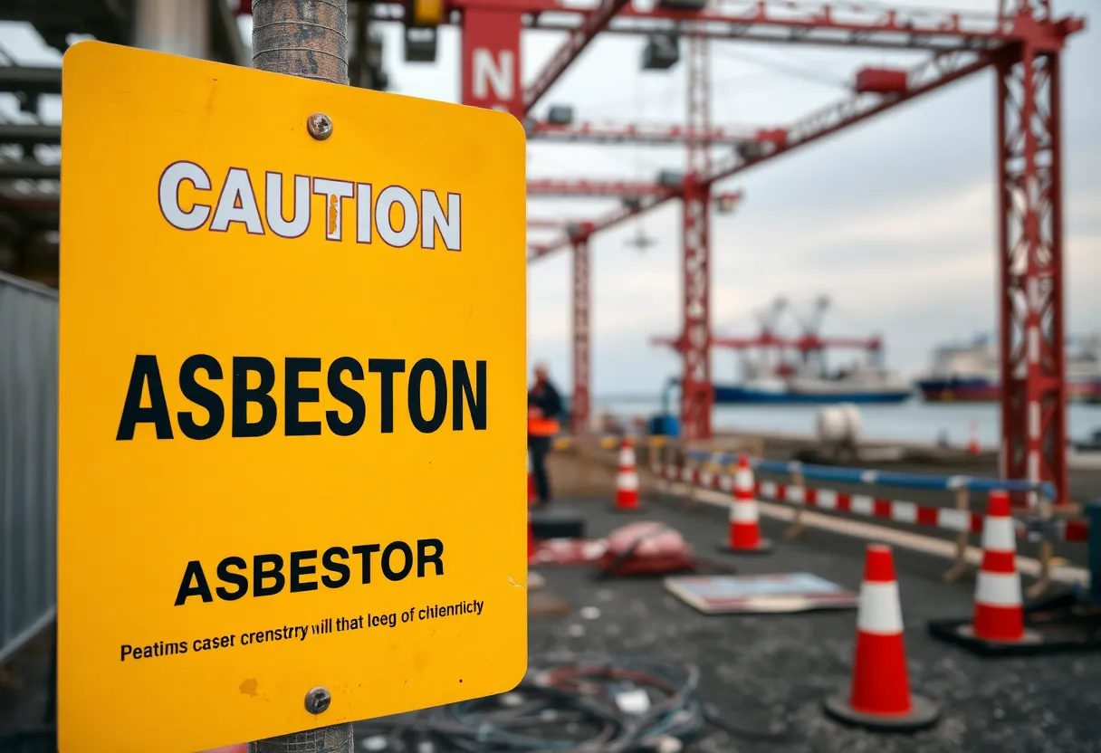 Caution sign about asbestos safety at a construction site in Louisiana.
